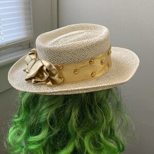 Dijon open weaver summer style dress hat 100% USA off white gold trim bow